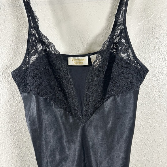 VTG Victoria Secret Satin Dress Womens Small Black Maxi Slip Dress Y2K Lace Trim - Picture 9 of 10